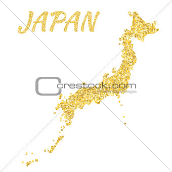 Map of Japan in golden. With gold yellow particles and dots. Glitter background.