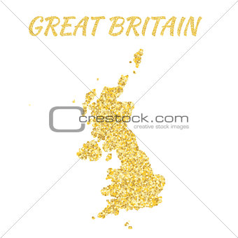 Map of Great Britain in golden. With gold yellow particles and dots. Glitter background.