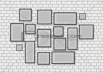 Vector seamless background image of wood photo frames on the white brick wall