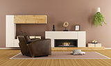 Modern living room with decorative fireplace 
