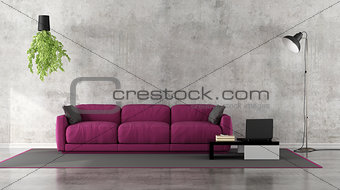 Minimalist living room with purple sofa