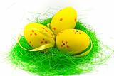 Three yellow easter eggs with green grass