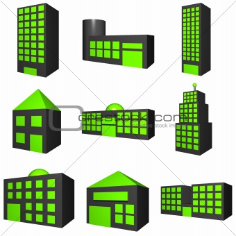 Buildings Exterior Icon Set in 3d Black