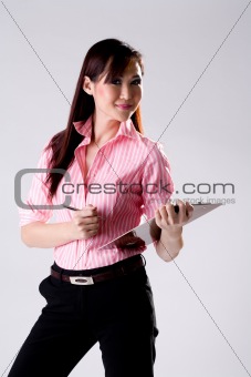 pink shirt woman with file & pen