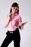 pink shirt woman with file & pen