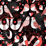 Seamless pattern with birds in love hearts 