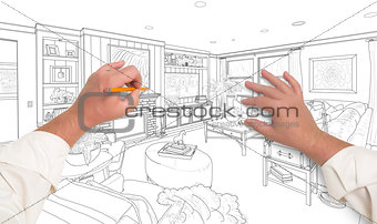 Hands Drawing Custom Living Room Design on White