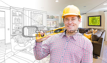 Contractor in Hard Hat Over Living Room Drawing and Photo