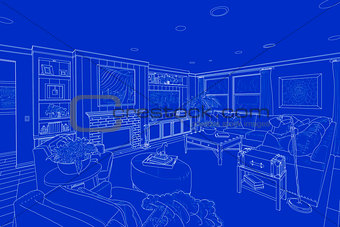 White Line Drawing On Blue of a Custom Living Room
