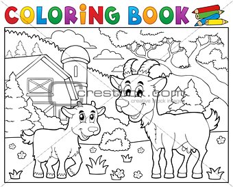 Coloring book happy goats near farm