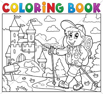 Coloring book hiker near castle