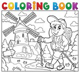 Coloring book hiker near windmill