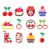 Cherry, fruit cake, jam icons set