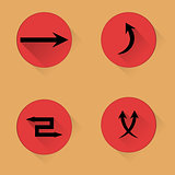 Set of arrows in flat design with different shapes in red circles and shadow, shadows on nice background