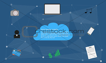 Cloud computing concept, data storage and connection in flat colors with cloud and web, infographic
