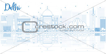 Outline Delhi skyline with blue buildings and reflections. 