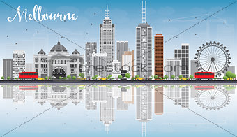 Melbourne Skyline with Gray Buildings, Blue Sky and Reflections.