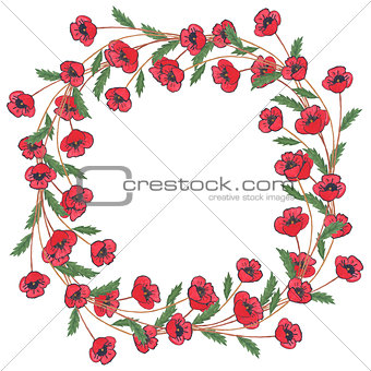 Poppies watercolor wreath on white background.