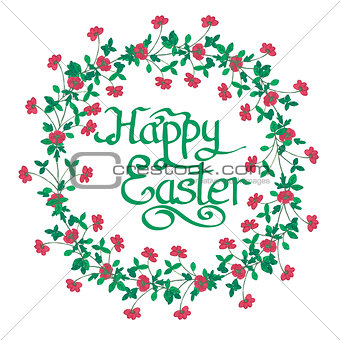 Happy Easter Text inside watercolor Flowers wreath on white back