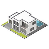Modern two-story house with flat roof sometric icon set