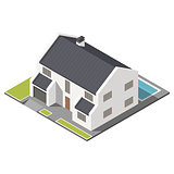 Modern two-story house with slant roof sometric icon set