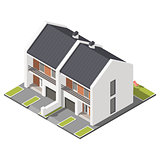 One storey connected cottage with slant roof for two families isometric icon set
