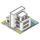 Modern three storey house with flat roof sometric icon set