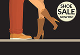 Shoe sale now on black shopping banner with human legs wearing shoe and boots