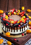 Chocolate cheesecake decorated with fresh fruits 