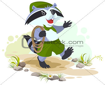 Raccoon scout carries rope. Animal scout with rope