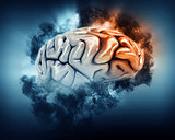 3D brain with storm clouds and frontal lobe highlighted