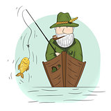 Fisherman in a boat with a fishing rod.