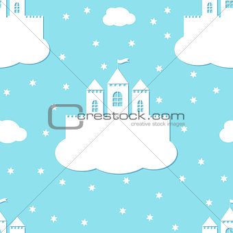 Seamless pattern with white castles on blue background. White paper castle on a cloud in paper cut style, vector format