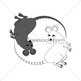 Yin Yang sign icon. White and black cute funny cartoon rat. Feng shui symbol. Isolated Flat design style. Vector illustration