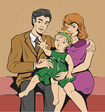Photo Portrait of family. Father, mother and daughter. Retro cartoon illustration.