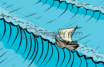Ship on crest of tall ocean wave