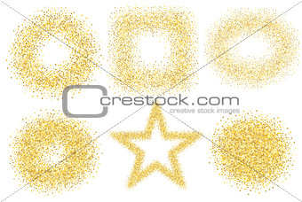 Set of six golden sand glitter effect good for banners, greeting carts. Set of star, square and circles.