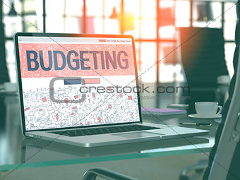 Budgeting on Laptop in Modern Workplace Background.