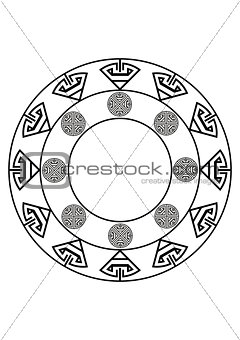 Circular black and white abstract design with curved objects