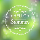Hello Summer green card design with a textured abstract background and text in round frame, vector illustration.  Lettering design element
