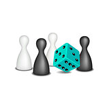 Board game figures in black and white design and turquoise dice