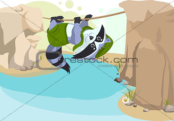 Scout raccoon Mountaineer rope. Scout crossing river on rope