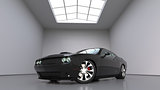 Powerful black conceptual sports car. Bright large room around.