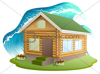 Property insurance. Wooden house was flooded with water. Flooding tsunami