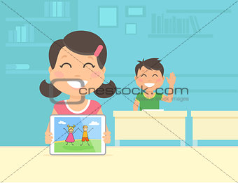 Young girl show her graphic illustration on the tablet pc