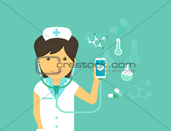 Mobile medicine illustration of female doctor and smartphone with symbols