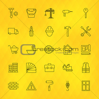Construction Tools Line Icons Set over Polygonal Background