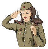 Russian Girl soldier. Female soldier in retro military uniforms. May 9 Victory Day