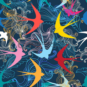 Graphic seamless pattern with colorful swallows