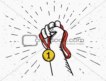 Human vintage hand holds red ribbon with golden medal